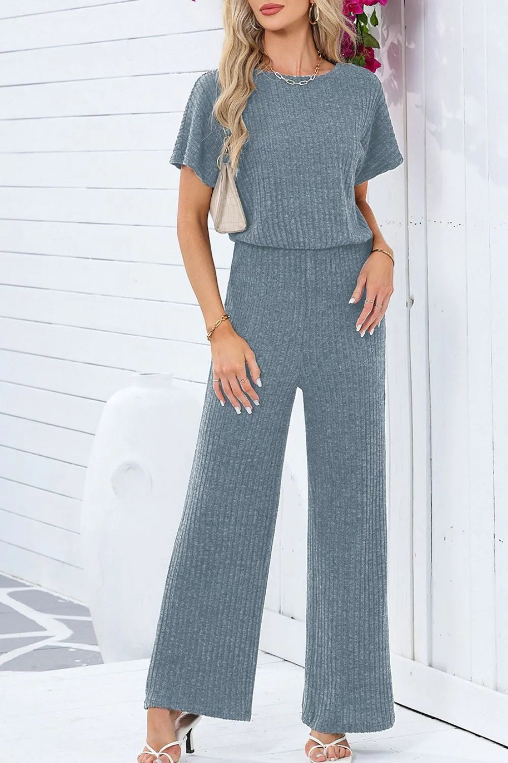 Ribbed Short Sleeve Wide Leg Jumpsuit