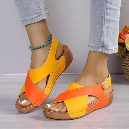 Crisscross wedge sandals in red and yellow