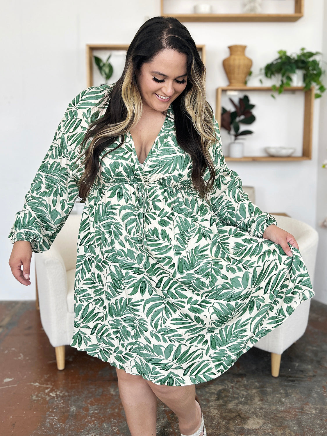 Printed Ruched Balloon Sleeve Dress - MONLANE