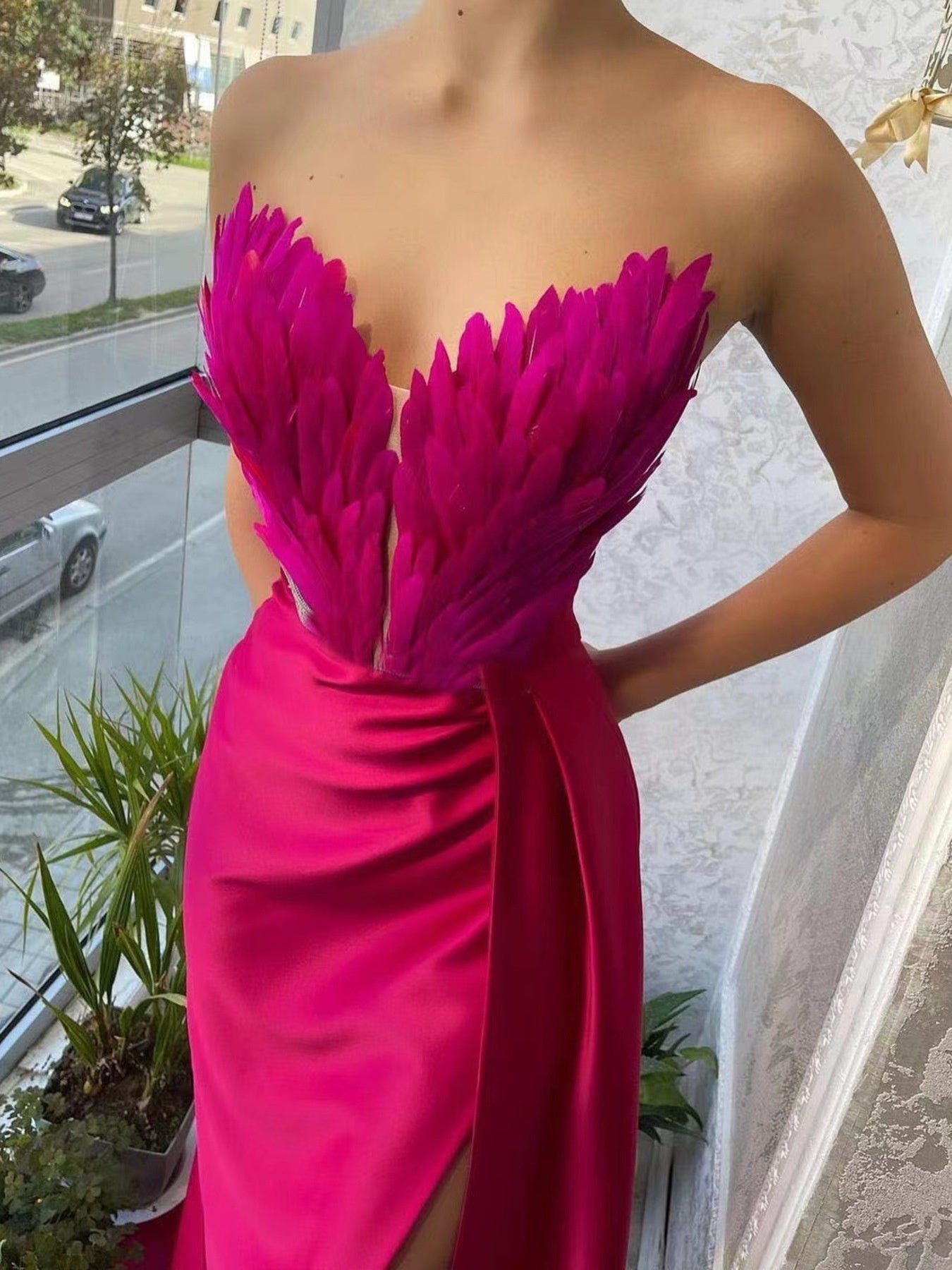 Feather Embellished Slit Maxi Dress