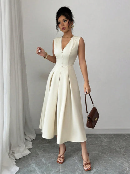 V-Neck Sleeveless Midi Dress