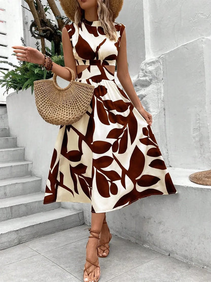 Cutout Printed Cap Sleeve Midi Dress