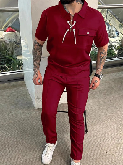 Men'sLace Up Short Sleeve Top and Pants