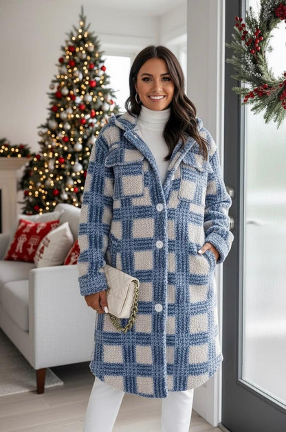 Plaid Button Up Long Sleeve Fleece Coat