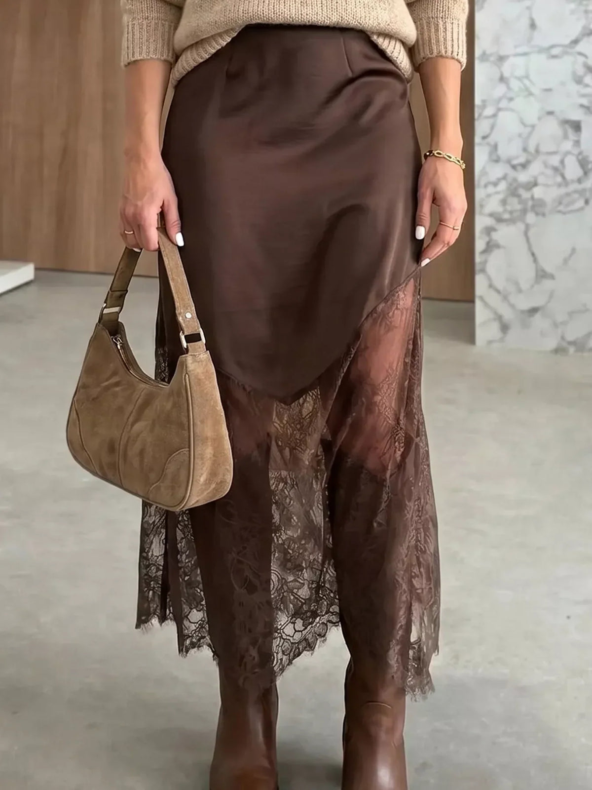 Women's long shift skirt with lace patchwork hem, dark brown