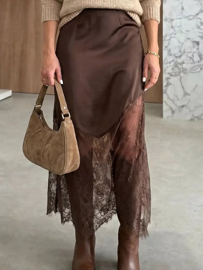 Plus size dark brown long shift skirt with lace hem