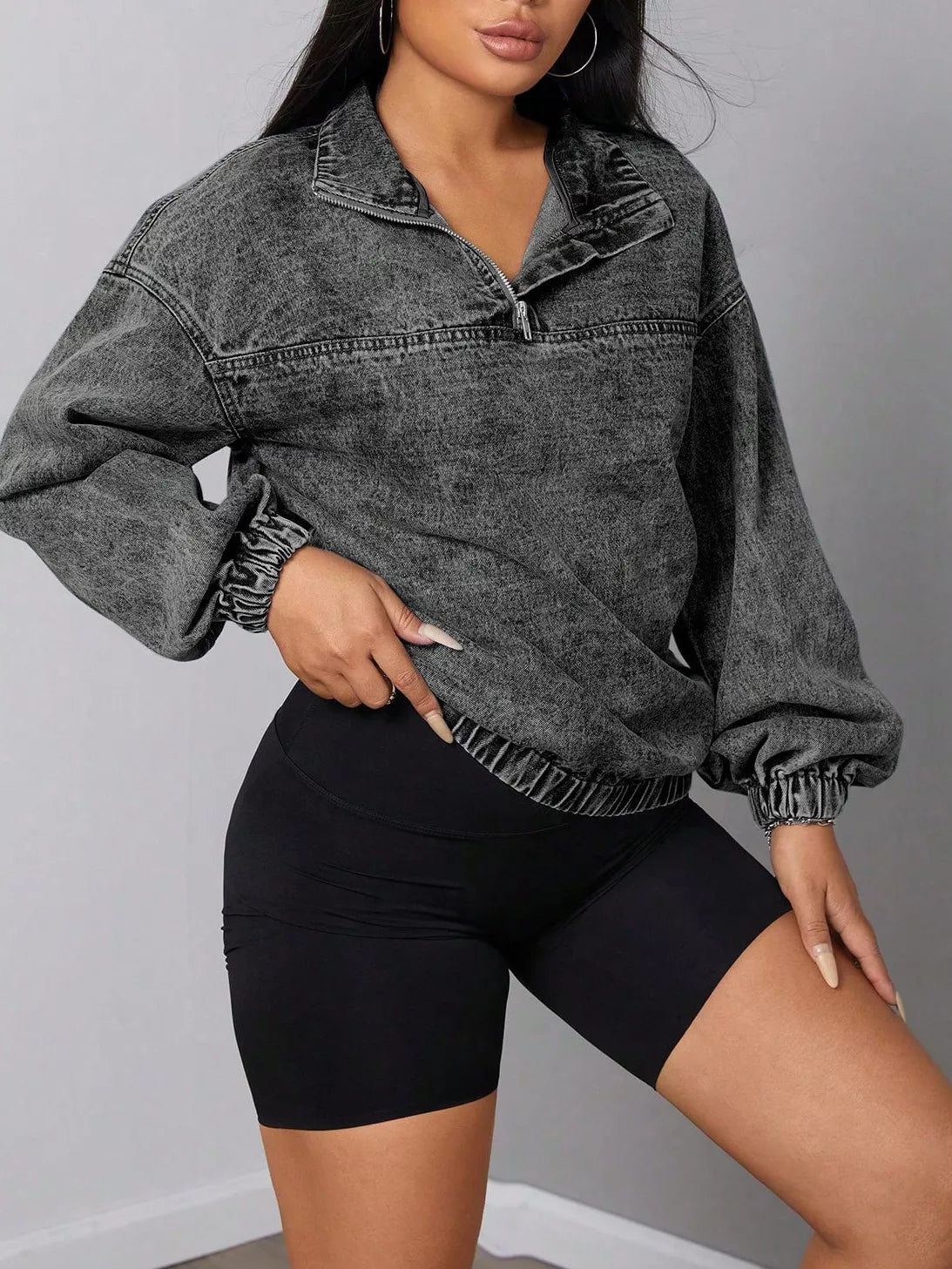 Elastic Hem Quarter Zip Denim Top