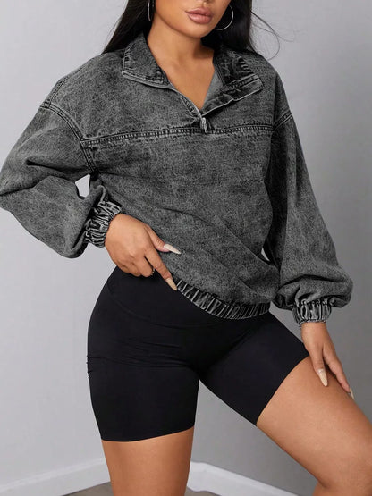 Elastic Hem Quarter Zip Denim Top
