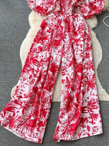 Smocked V-Neck Wide Leg Jumpsuit