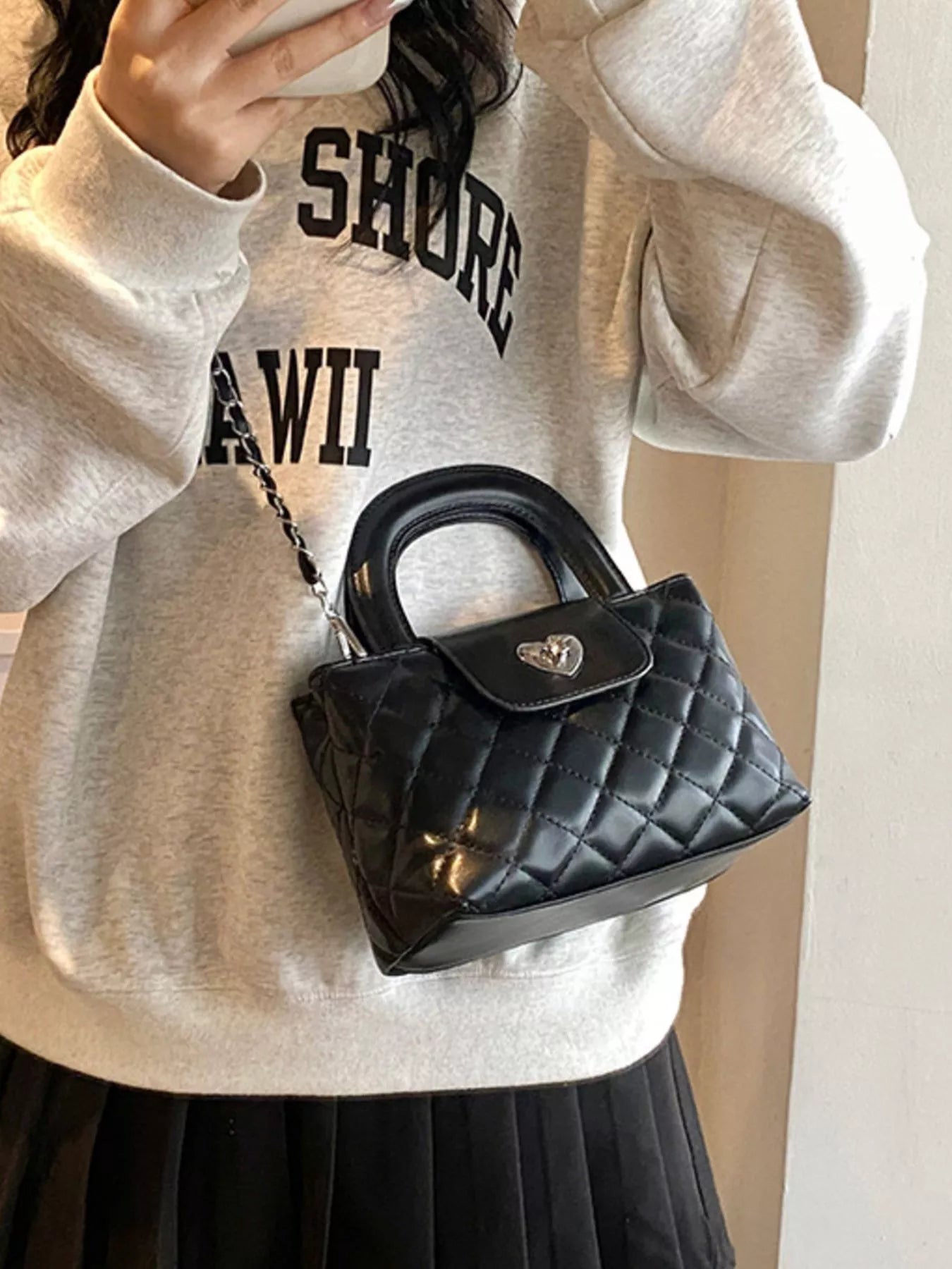 Quilted Heart Lock Crossbody Bag