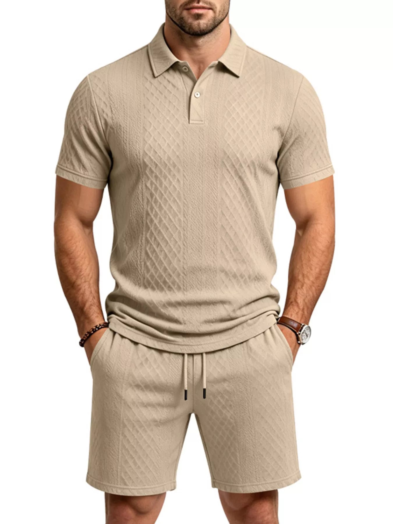 Men's Full Size Textured Short Sleeve Polo and Shorts Set Plus Size