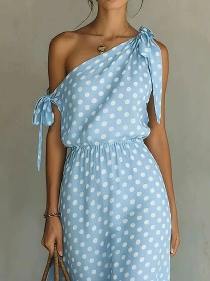 Polka Dot One-Shoulder Maxi Dress