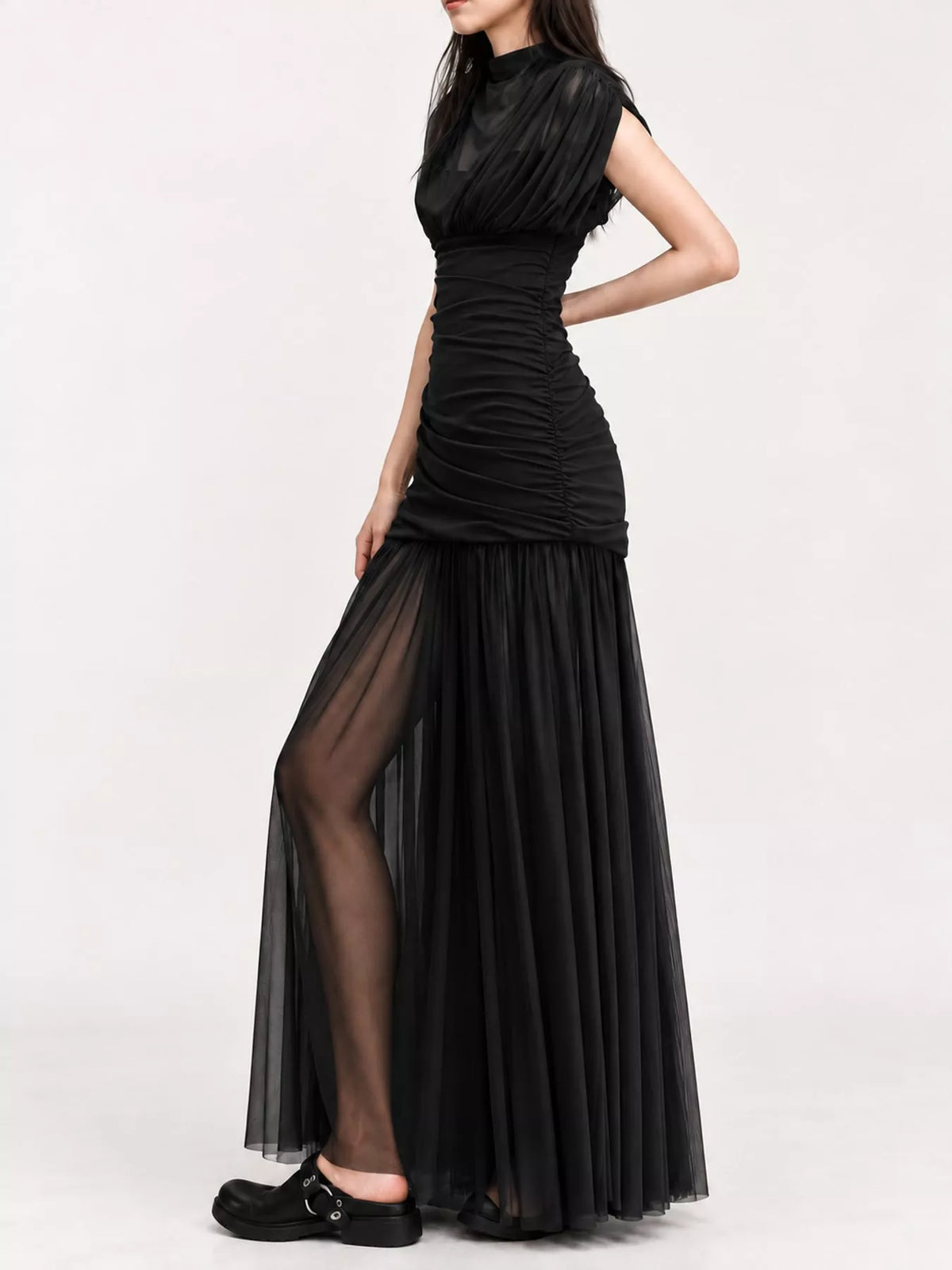 Mock neck ruched maxi dress, view 15