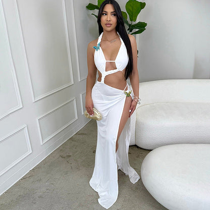 Backless Tied long slit Hanging Dress