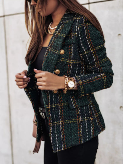 Plus Size Plaid Tweed Double-Breasted Blazer