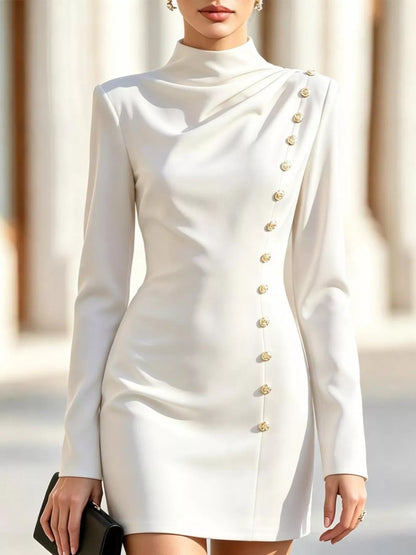 Stretch mock neck bodycon dress with gold buttons
