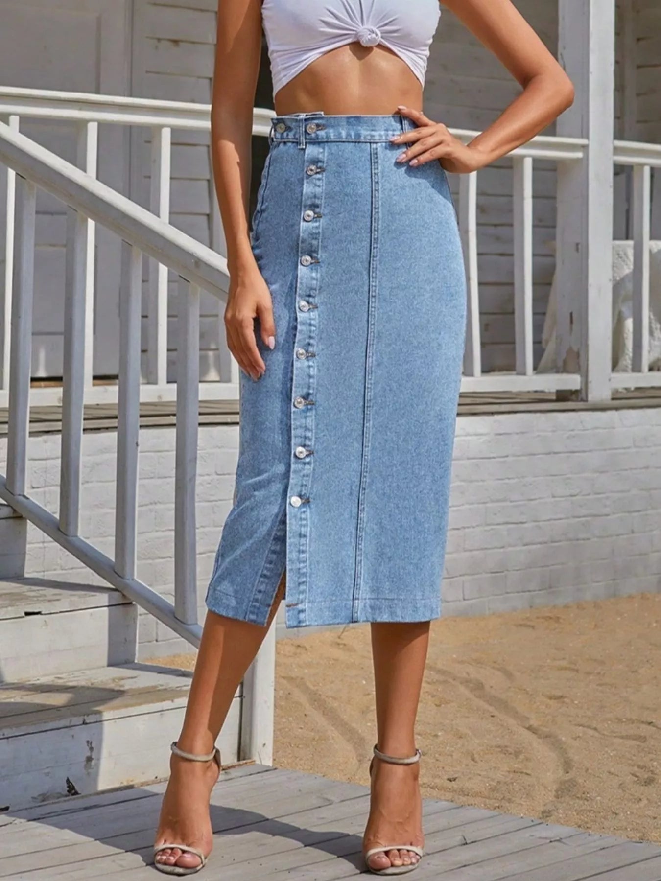 Button-Front Denim Skirt
