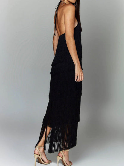 Fringe Halter Neck Maxi Dress