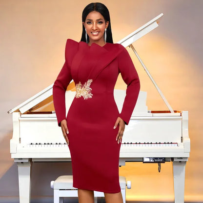 Embroidered Long Sleeved Evening Dress