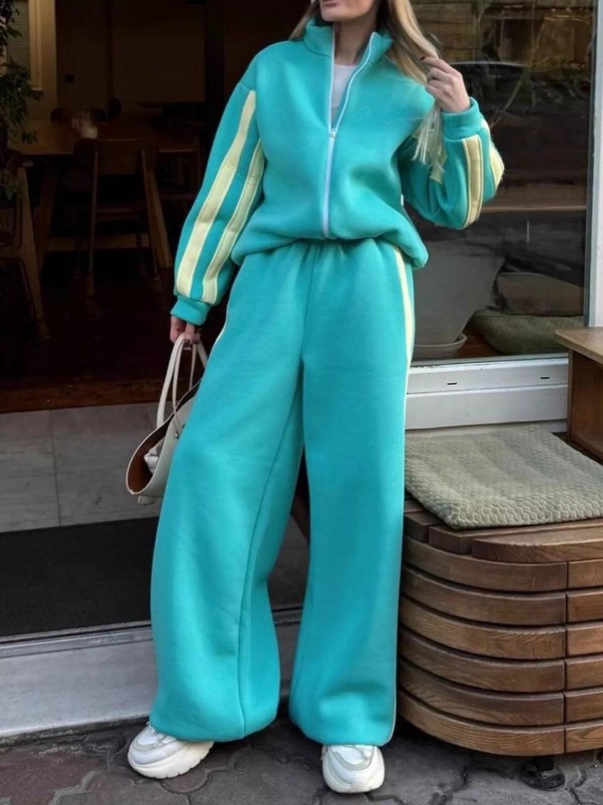 Pink, brown, yellow, green or black striped zip-up set