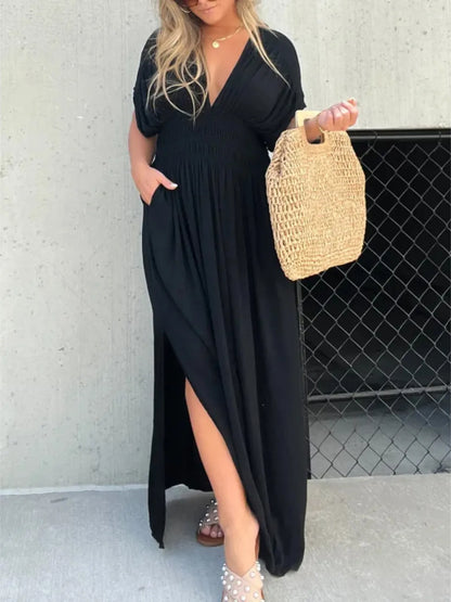 Full Size Deep V-Neck Maxi Dress with Side Slit