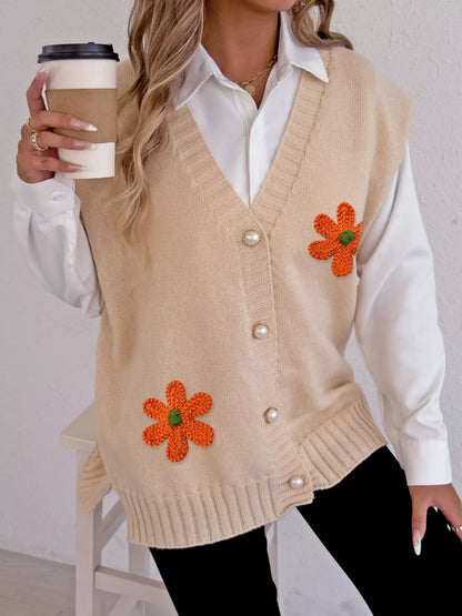 Flower V-Neck Sleeveless Cardigan