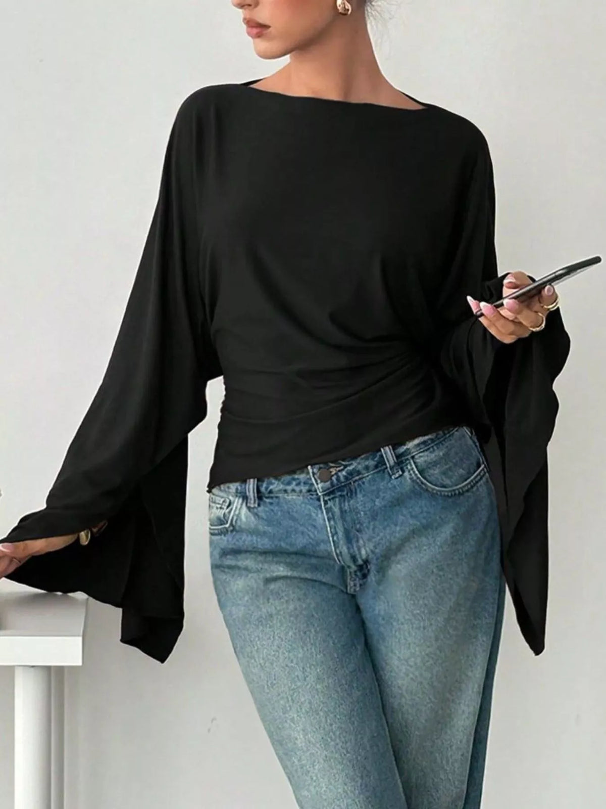 Boat Neck Slit Batwing Sleeve Top