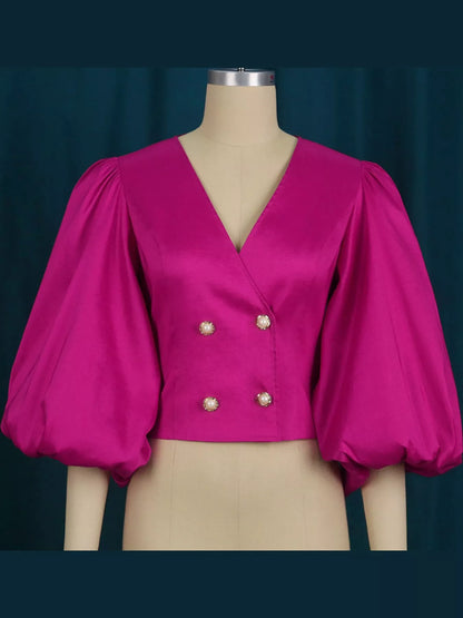 Double-breasted puff sleeve blouse, view 3