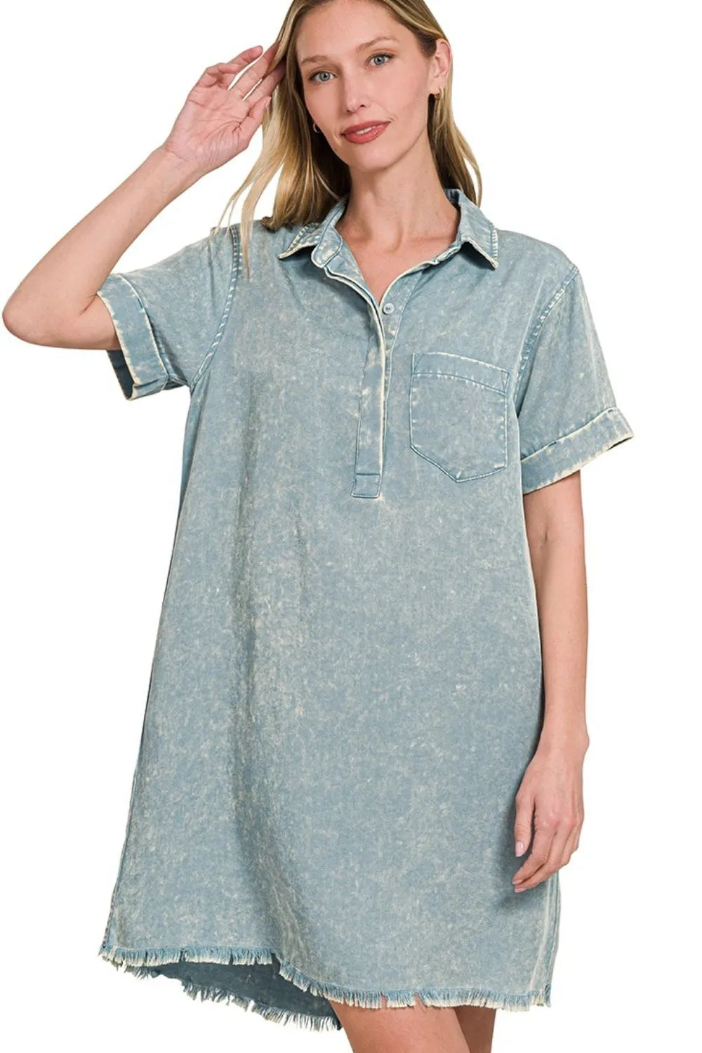 Mineral Washed Collared Shirt Dress