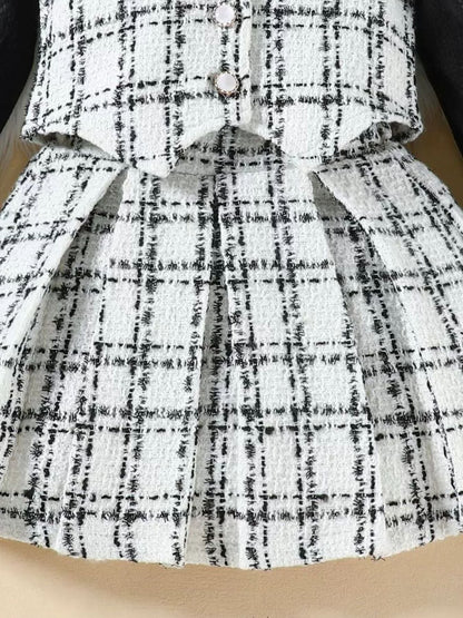 Children's Long Sleeve Top & Plaid Vest & Pleated Skirt Set