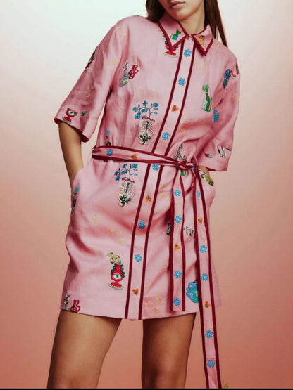 Printed Tie Waist Shirt Dress