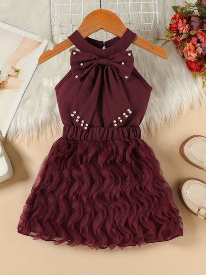 Children's Pearl Bowknot Top and Skirt Set