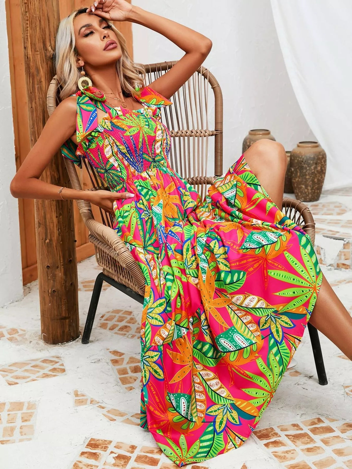 Tropical smocked sundress, view 2