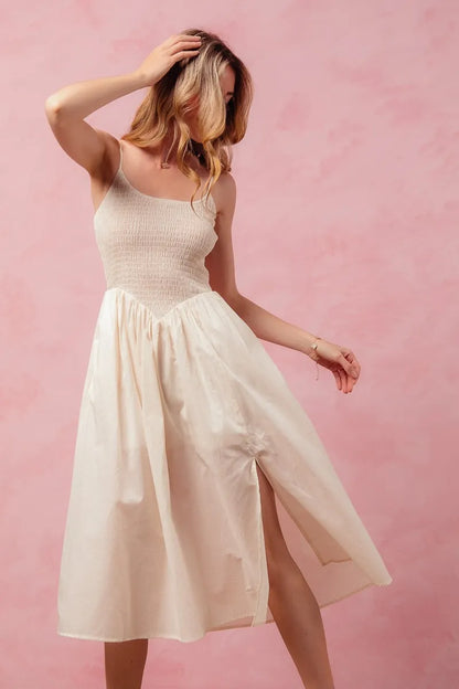 Smocked Sleeveless Dress With Slit