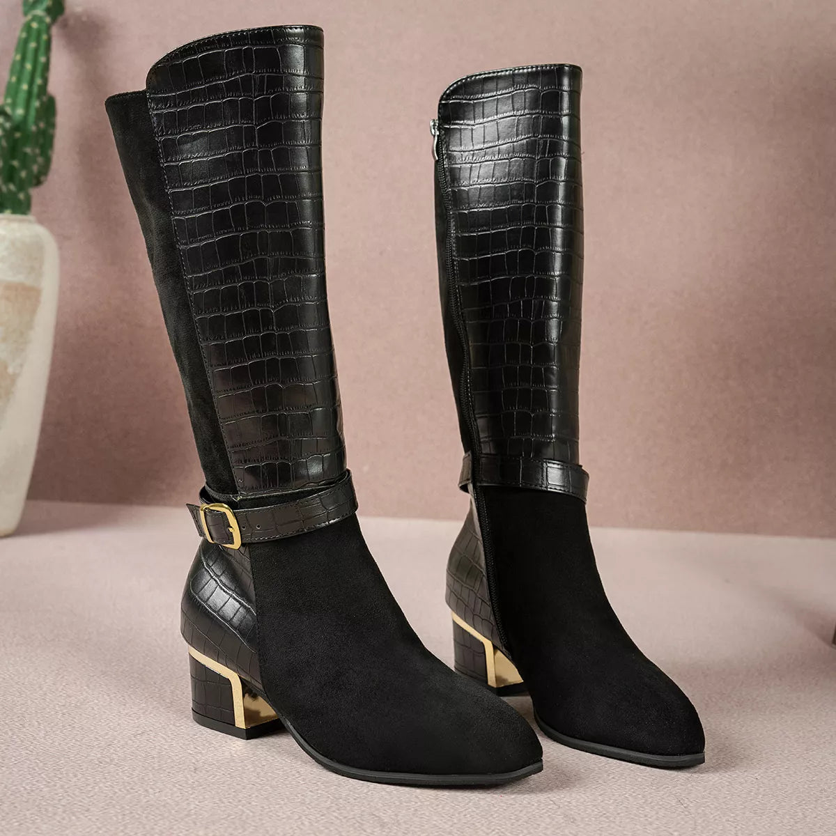 Crocodile Texture Knee-High Boots
