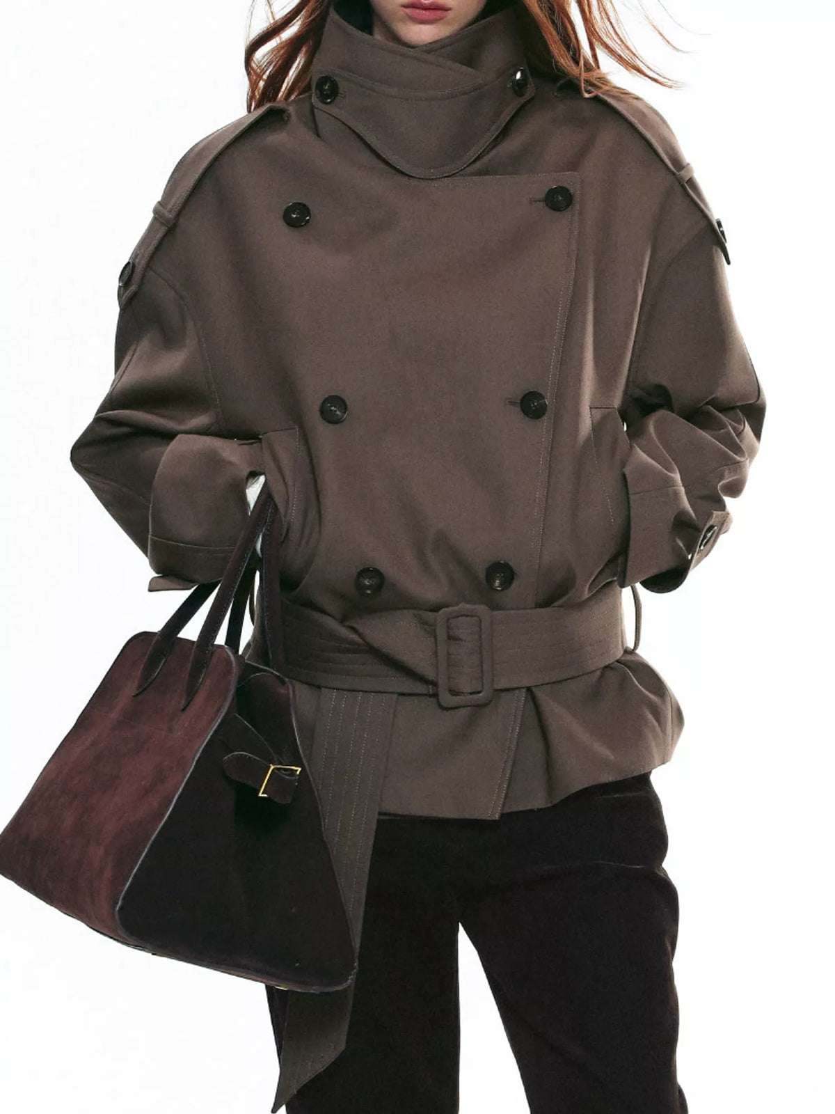 Plus size belted trench jacket, double-breasted viscose