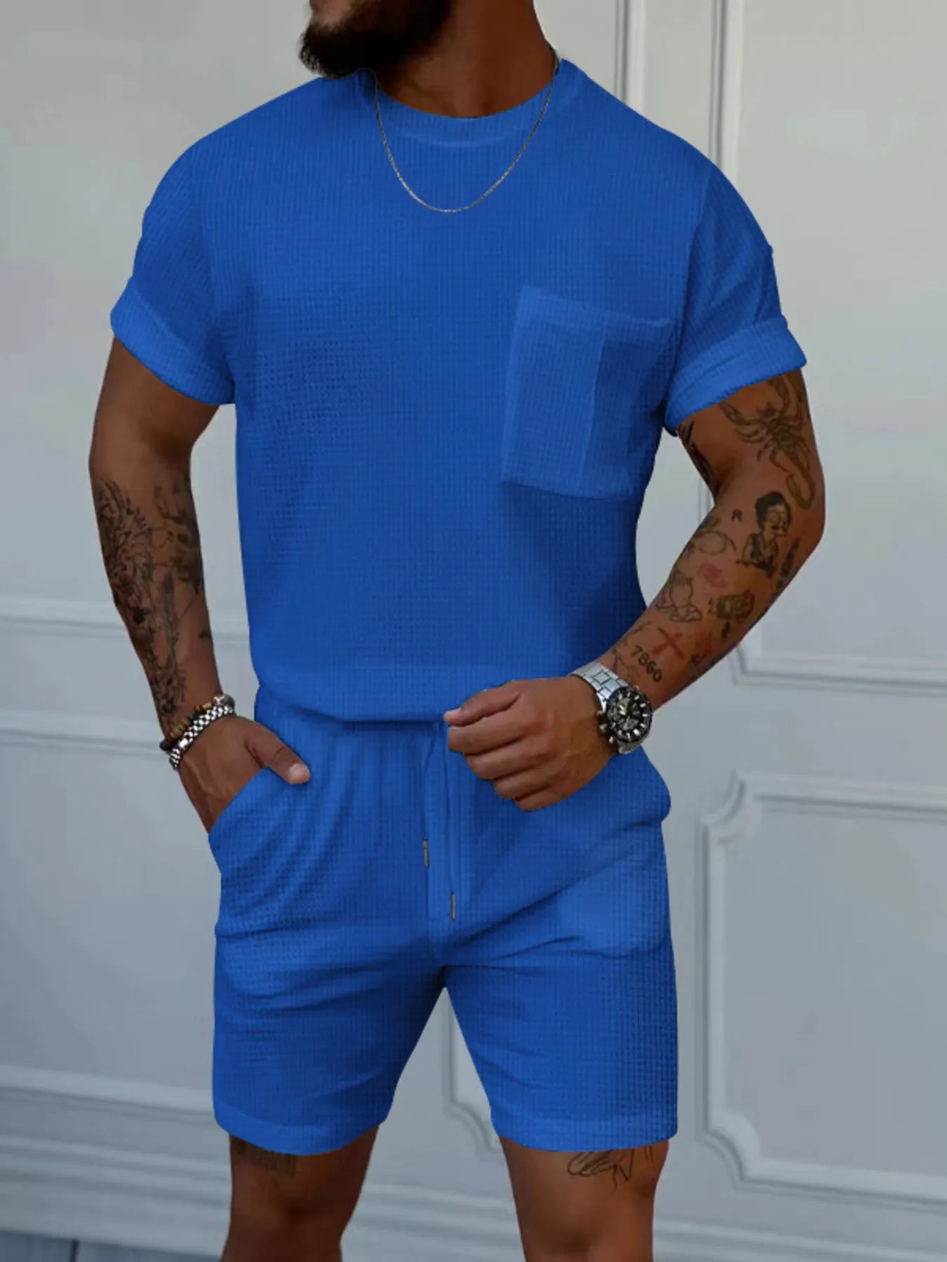 Men's Round Neck Short Sleeve Top and Shorts Set