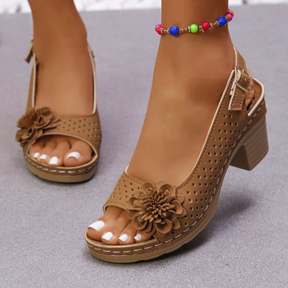 Floral Accent Block Heel Sandals