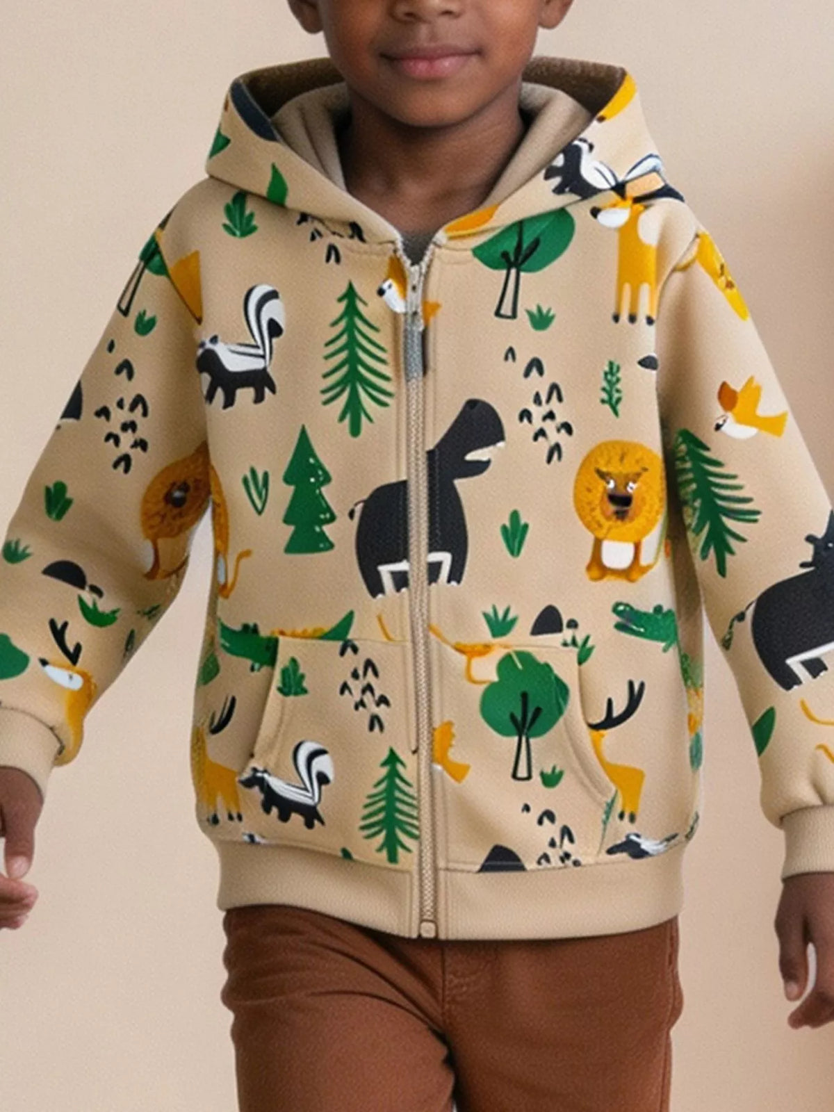 Kids' animal print zip-up hooded jacket with pockets