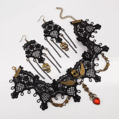 Halloween Lace Skull Necklace Set