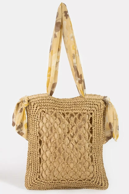 Fame Tropical Bandana Strap Straw Braided Tote Bag