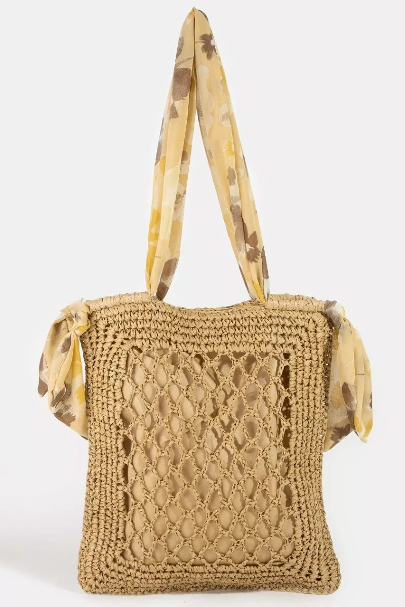 Openwork straw tote in Khaki