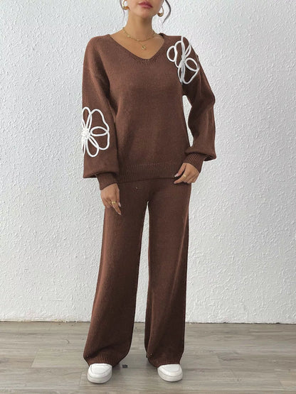 V-Neck Dropped Shoulder Top and Pants Sweater Set