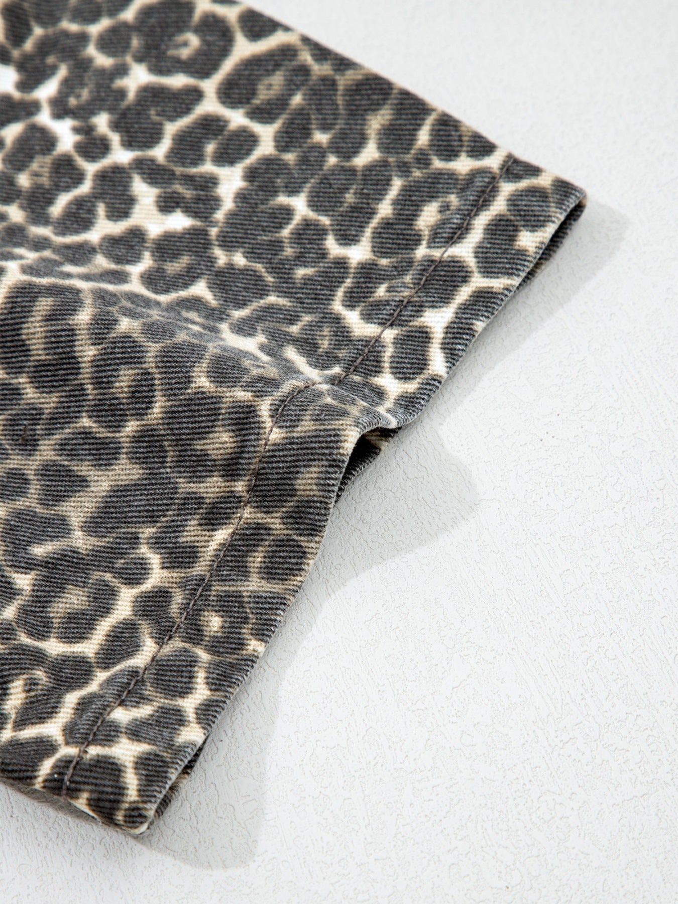 Leopard Print Short Sleeve Denim Shirt