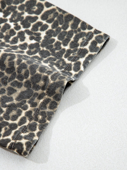 Leopard Print Short Sleeve Denim Shirt