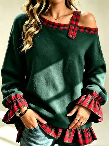 Curvy Women's Plaid Pullover with Ruffle Hem, 6 Colors