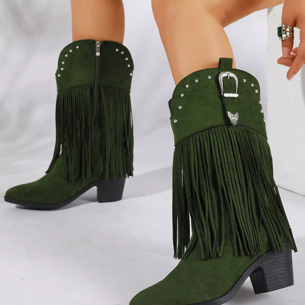 Fringe Round Toe Block Heels Boots