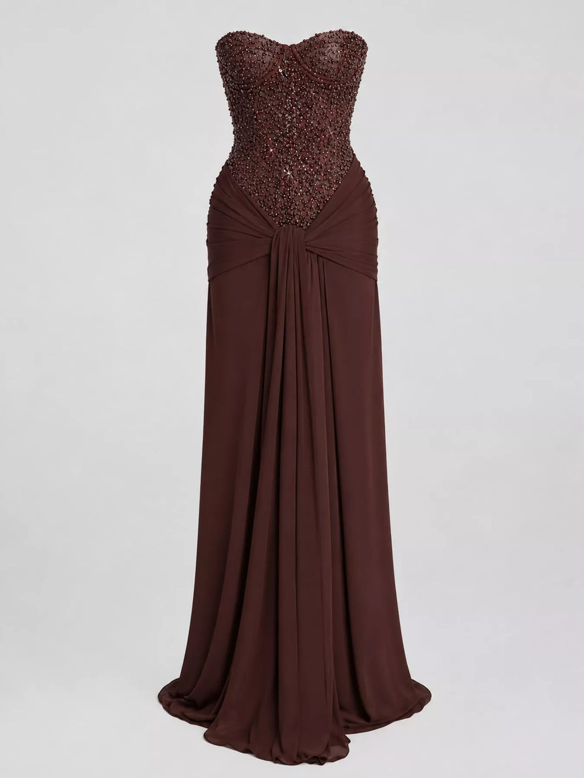 Strapless Sequin Corset Maxi Dress with Draped Skirt
