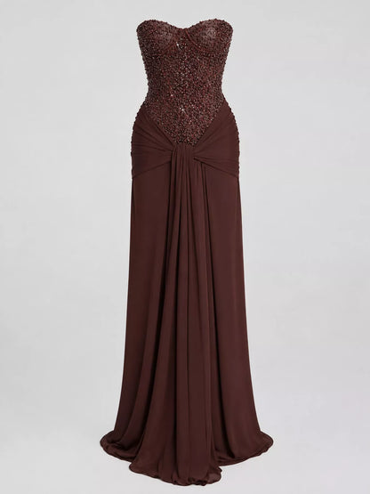 Strapless Sequin Corset Maxi Dress with Draped Skirt