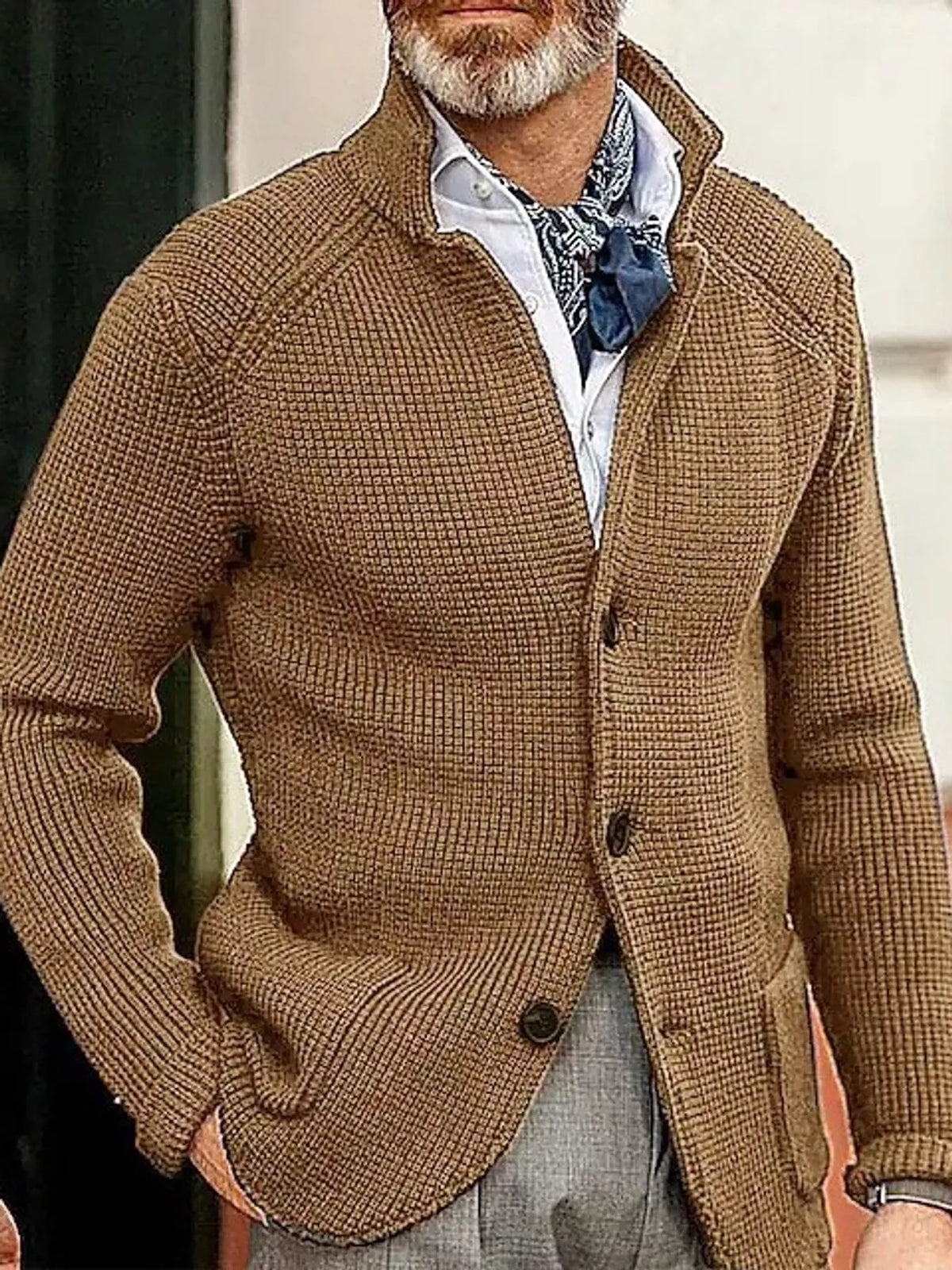 Men's Slim-Fit Knit Stand-Collar Cardigan with Pockets